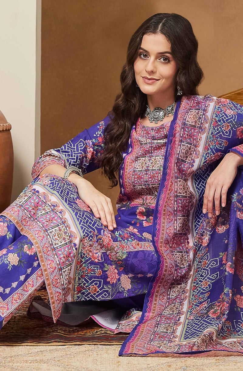 Janasya طقم كورتا مستقيم مزخرف بالأزهار من قطن مختلط باللون الأرجواني للنساء من جاناسيا - Image 3